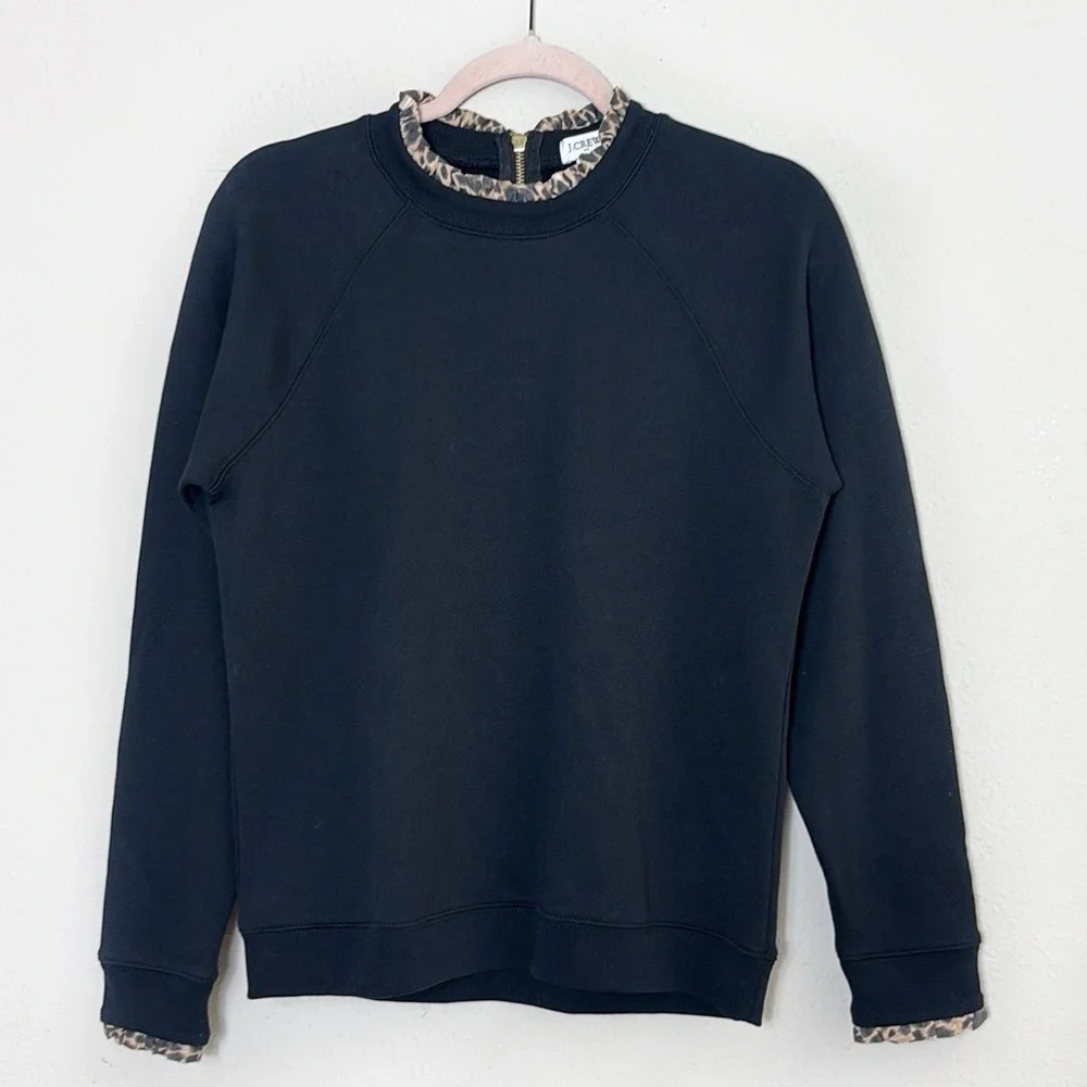 J. Crew Woven ruffleneck pullover sweatshirt in black w/cheetah leopard print S